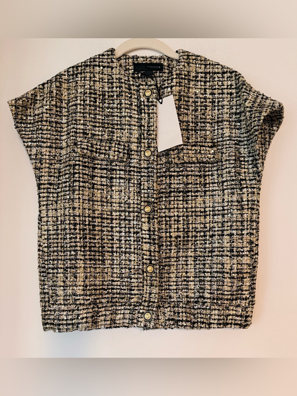 Zara Black and Cream Tweed Button-Front Women's Top